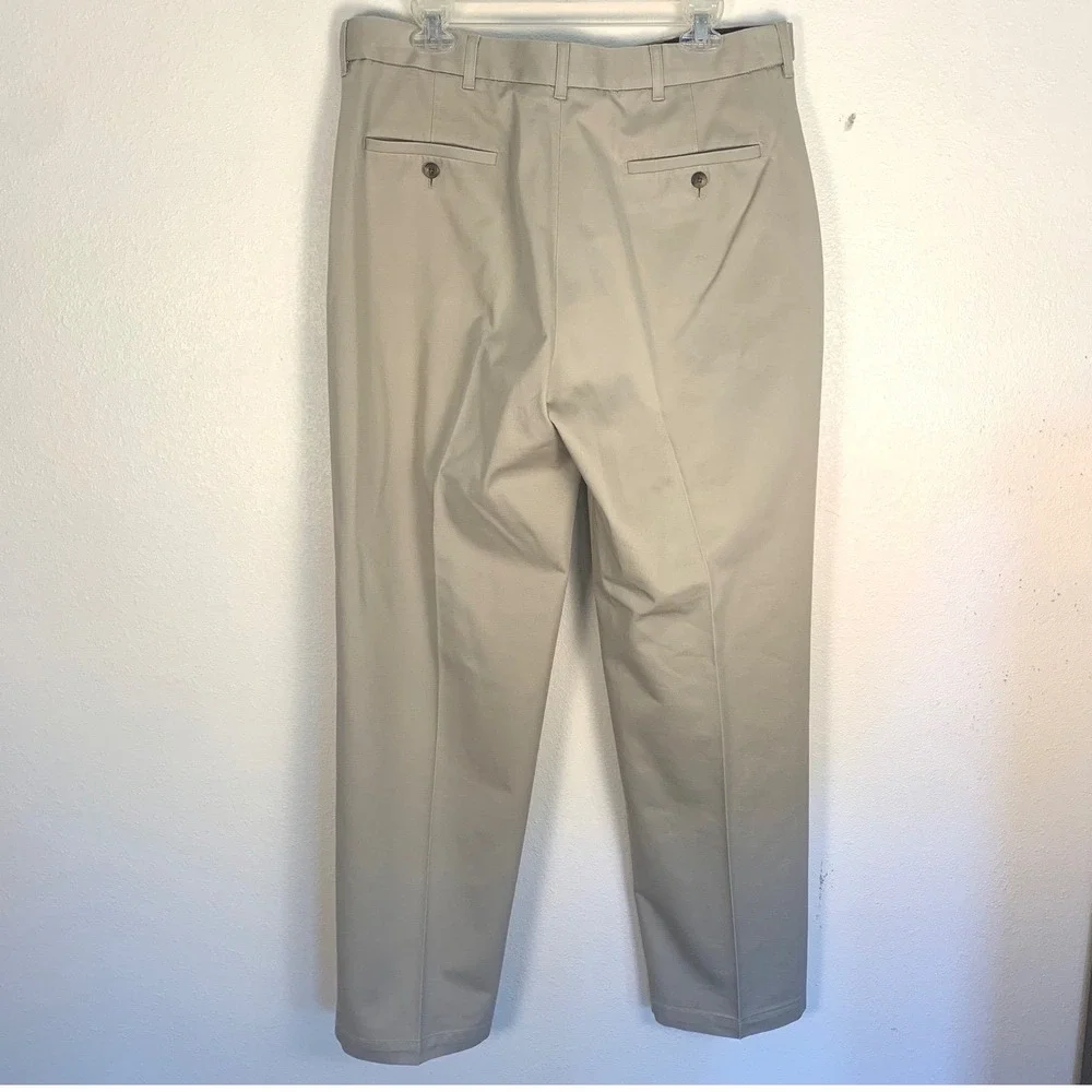 Haggar Mens Dress Pants 36x32 Khaki Flat Front Expandable Waist Cotton‎